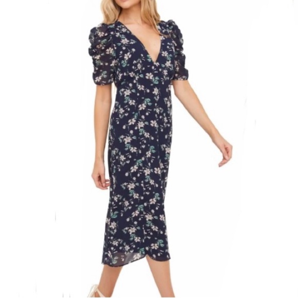 All in Favor Ruched Sleeve Deep V Floral Midi Dress - Picture 2 of 7